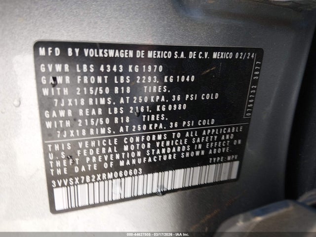 Продажа на аукционе авто 2024 Volkswagen Taos 1.5t Se, vin: 3VVSX7B2XRM060603, номер лота: 44627505