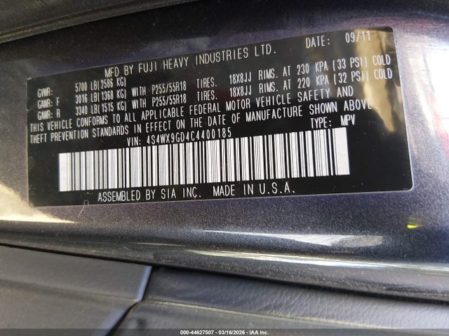 2012 Subaru Tribeca 3.6r Limited მანქანა იყიდება აუქციონზე, vin: 4S4WX9GD4C4400185, აუქციონის ნომერი: 44627507