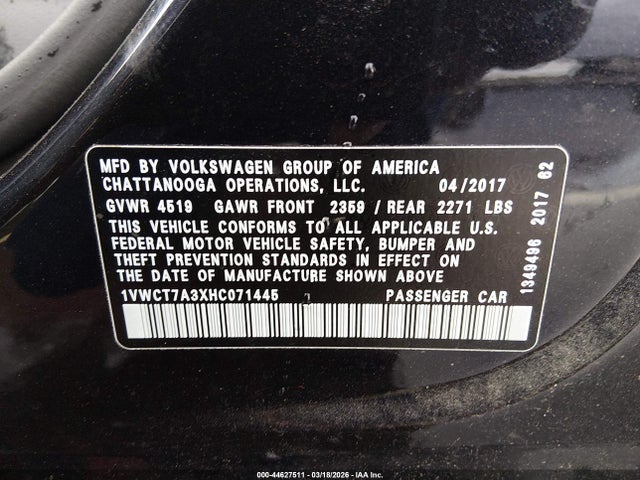 44627511 :رقم المزاد ، 1VWCT7A3XHC071445 vin ، 2017 Volkswagen Passat 1.8t Sel Premium مزاد بيع