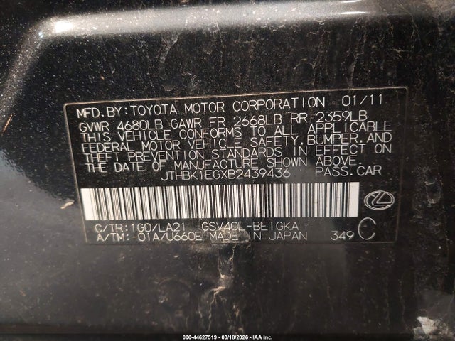 Продажа на аукционе авто 2011 Lexus Es 350, vin: JTHBK1EGXB2439436, номер лота: 44627519