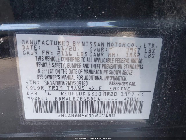 2021 Nissan Sentra S Xtronic Cvt მანქანა იყიდება აუქციონზე, vin: 3N1AB8BV2MY209180, აუქციონის ნომერი: 44627531