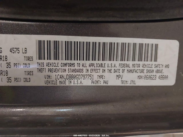 2016 Jeep Compass 75th Anniversary მანქანა იყიდება აუქციონზე, vin: 1C4NJDBB0GD797751, აუქციონის ნომერი: 44627533
