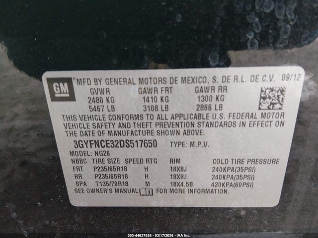2013 Cadillac Srx Luxury Collection მანქანა იყიდება აუქციონზე, vin: 3GYFNCE32DS517650, აუქციონის ნომერი: 44627558