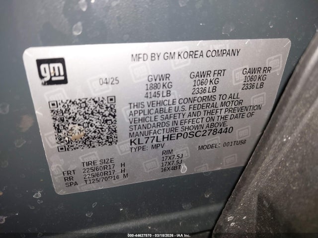 44627570 :رقم المزاد ، KL77LHEP0SC278440 vin ، 2025 Chevrolet Trax Fwd Lt مزاد بيع
