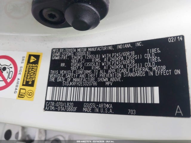 Toyota Highlander Xle V6 2014 5TDJKRFH2ES020786 Image 9