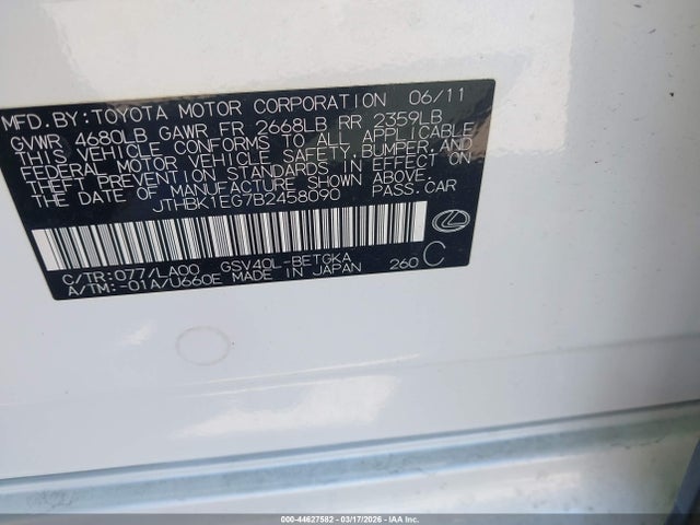 Aukcja sprzedaży 2011 Lexus Es 350, vin: JTHBK1EG7B2458090, numer aukcji: 44627582