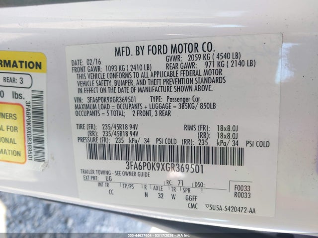 Ford Fusion Titanium 2016 3FA6P0K9XGR369501 Image 9