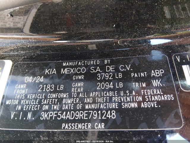 2024 Kia Forte Gt-line მანქანა იყიდება აუქციონზე, vin: 3KPF54AD9RE791248, აუქციონის ნომერი: 44627627