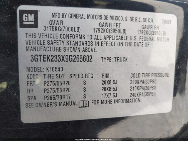 Продаж на аукціоні авто 2009 Gmc Sierra 1500 Sle, vin: 3GTEK233X9G265602, номер лоту: 44627640