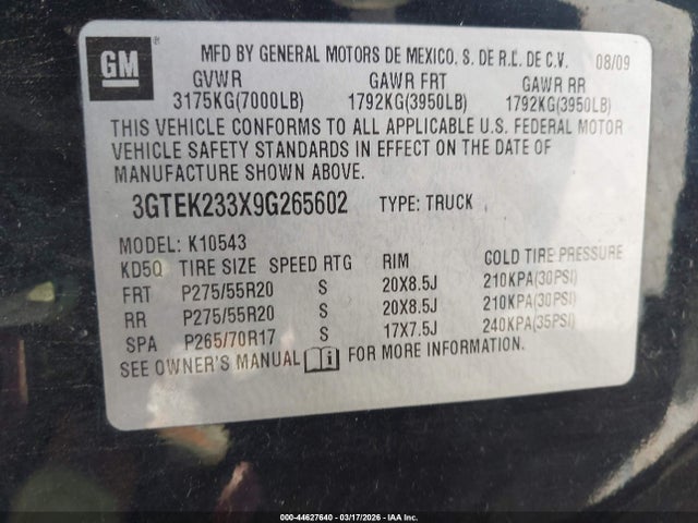 Продаж на аукціоні авто 2009 Gmc Sierra 1500 Sle, vin: 3GTEK233X9G265602, номер лоту: 44627640