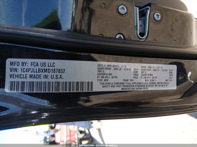 Auction sale of the 2021 Jeep Cherokee Altitude Fwd, vin: 1C4PJLLBXMD187837, lot number: 44627660