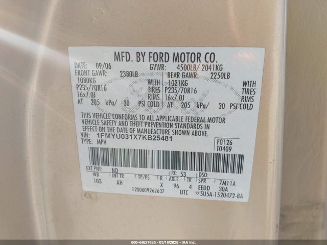 Auction sale of the 2007 Ford Escape Xlt/xlt Sport, vin: 1FMYU031X7KB25481, lot number: 44627665