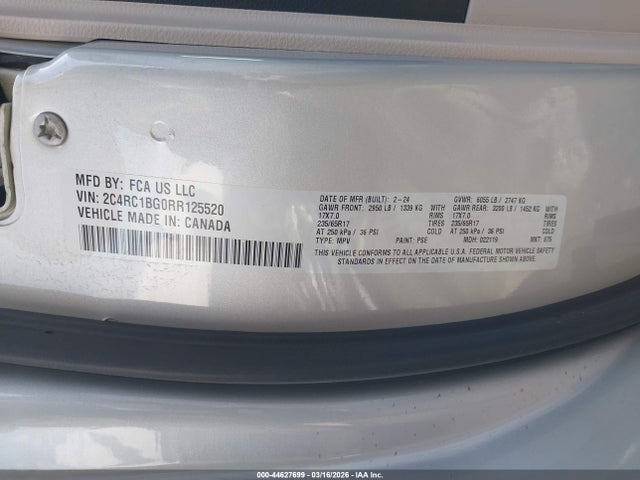 Aukcja sprzedaży 2024 Chrysler Pacifica Touring L, vin: 2C4RC1BG0RR125520, numer aukcji: 44627699