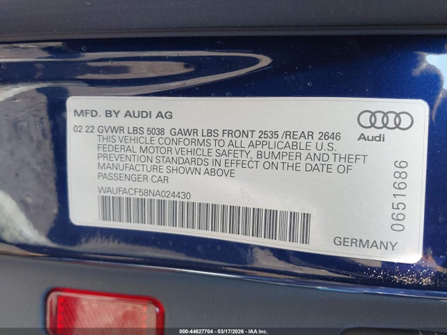 Aukcja sprzedaży 2022 Audi A5 Sportback Premium Plus 45 Tfsi S Line Quattro S Tronic, vin: WAUFACF58NA024430, numer aukcji: 44627704