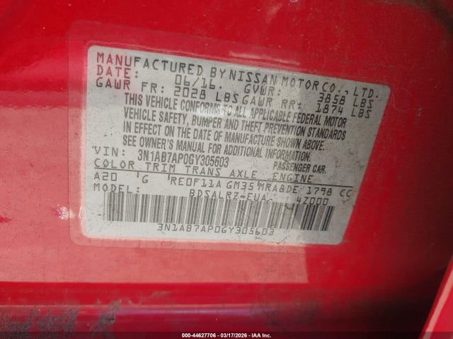 44627706 :رقم المزاد ، 3N1AB7AP0GY305603 vin ، 2016 Nissan Sentra Sr مزاد بيع