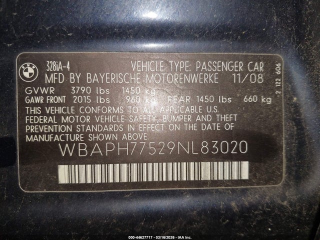 44627717 :رقم المزاد ، WBAPH77529NL83020 vin ، 2009 Bmw 328i مزاد بيع
