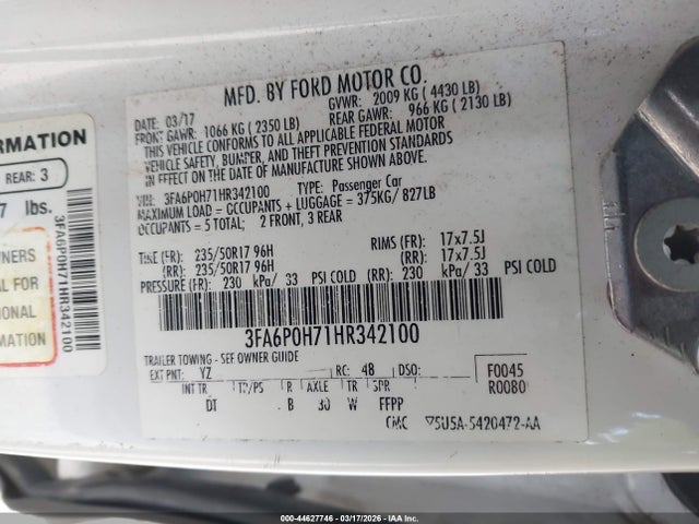 2017 Ford Fusion Se მანქანა იყიდება აუქციონზე, vin: 3FA6P0H71HR342100, აუქციონის ნომერი: 44627746