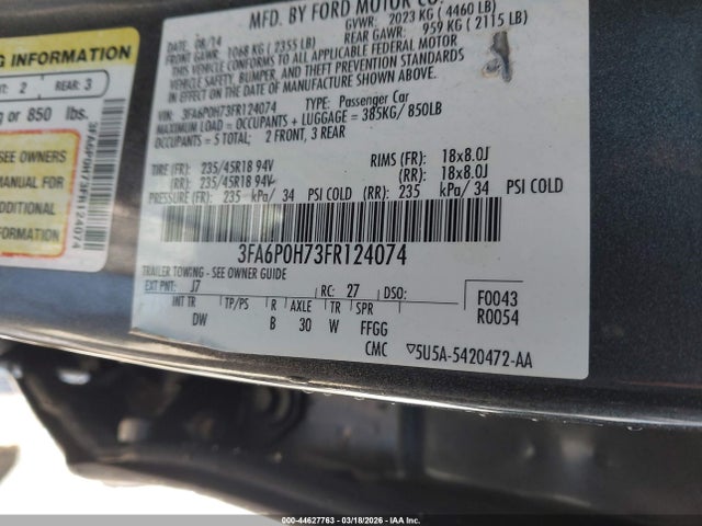Ford FUSION SE 2015 3FA6P0H73FR124074 Image 9