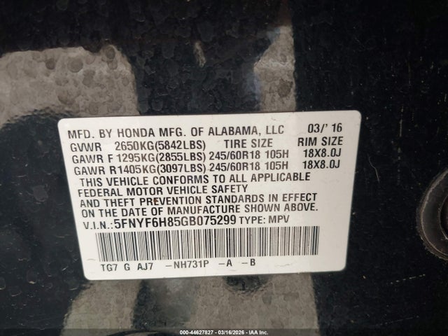 Honda Pilot Ex-l 2016 5FNYF6H85GB075299 Image 9