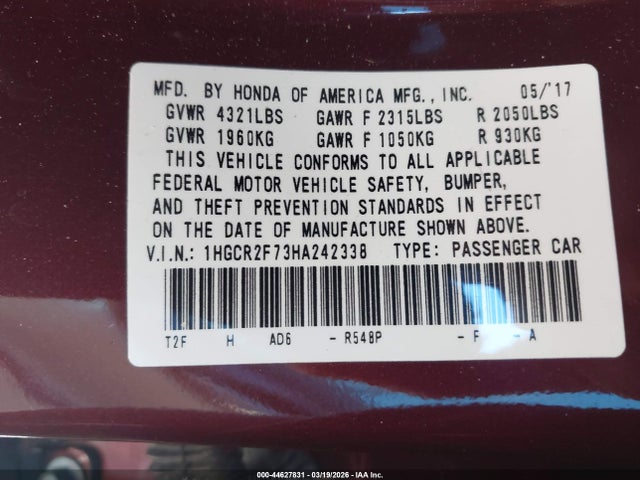 44627831 :رقم المزاد ، 1HGCR2F73HA242338 vin ، 2017 Honda Accord Ex مزاد بيع
