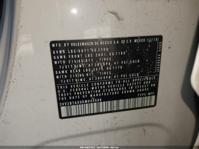 44627832 :رقم المزاد ، 3VV2B7AX0KM044508 vin ، 2019 Volkswagen Tiguan 2.0t Se/2.0t Sel/2.0t Sel R-line/2.0t Sel R-line Black مزاد بيع