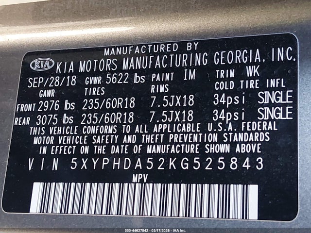 44627842 :رقم المزاد ، 5XYPHDA52KG525843 vin ، 2019 Kia Sorento 3.3l Ex مزاد بيع