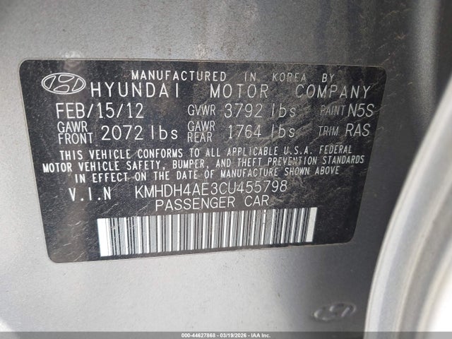 44627868 :رقم المزاد ، KMHDH4AE3CU455798 vin ، 2012 Hyundai Elantra Limited (ulsan Plant) مزاد بيع
