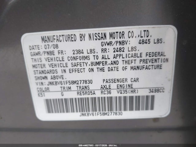 Aukcja sprzedaży 2008 Infiniti G35x, vin: JNKBV61F58M277830, numer aukcji: 44627883
