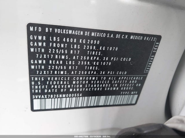 Aukcja sprzedaży 2022 Volkswagen Taos 1.5t S, vin: 3VVAX7B25NM080554, numer aukcji: 44627886