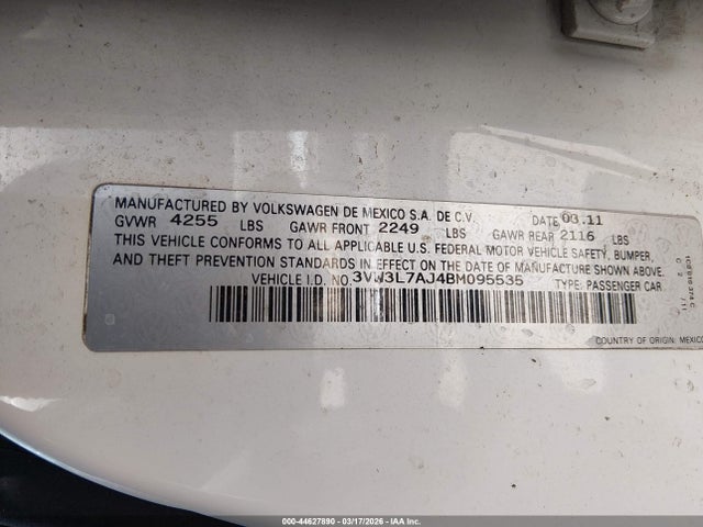 Продажа на аукционе авто 2011 Volkswagen Jetta 2.0l Tdi, vin: 3VW3L7AJ4BM095535, номер лота: 44627890