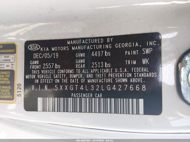 2020 Kia Optima Lx მანქანა იყიდება აუქციონზე, vin: 5XXGT4L32LG427668, აუქციონის ნომერი: 44627892
