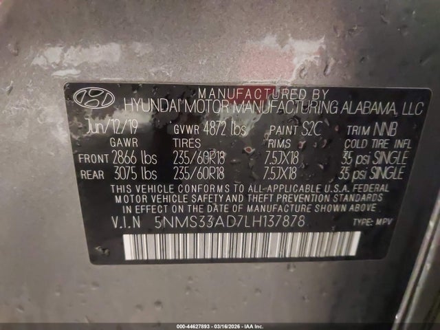 Aukcja sprzedaży 2020 Hyundai Santa Fe Sel, vin: 5NMS33AD7LH137878, numer aukcji: 44627893