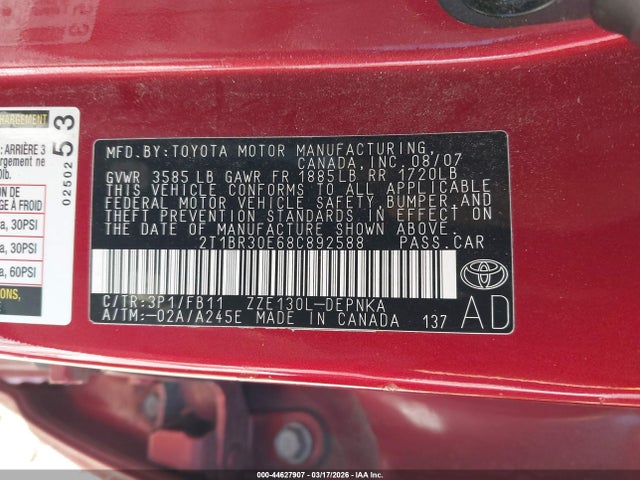 2008 TOYOTA COROLLA 2T1BR30E68C892588 Photo 8