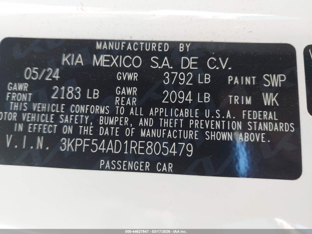 2024 Kia Forte Gt-line მანქანა იყიდება აუქციონზე, vin: 3KPF54AD1RE805479, აუქციონის ნომერი: 44627947