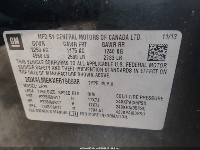 Aukcja sprzedaży 2014 Gmc Terrain Sle-1, vin: 2GKALMEKXE6190938, numer aukcji: 44627954