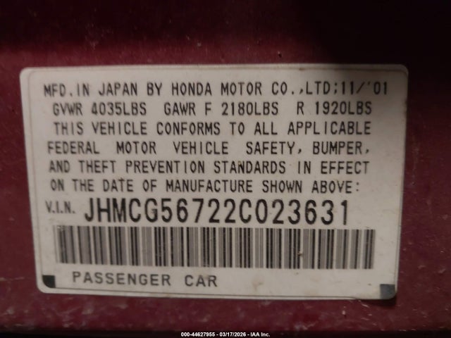 Aukcja sprzedaży 2002 Honda Accord 2.3 Se, vin: JHMCG56722C023631, numer aukcji: 44627955