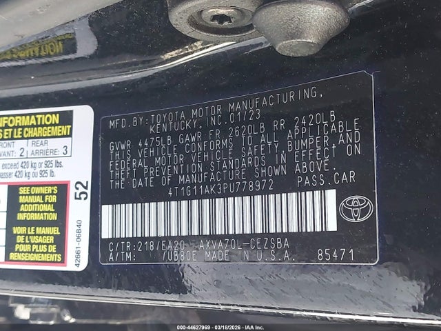 44627969 :رقم المزاد ، 4T1G11AK3PU778972 vin ، 2023 Toyota Camry Se مزاد بيع
