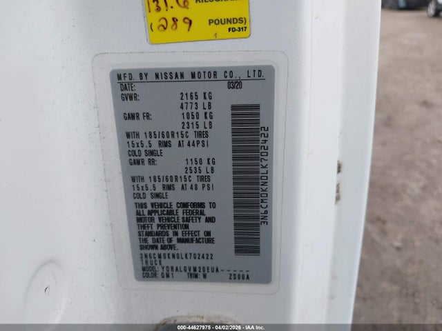 44627975 :رقم المزاد ، 3N6CM0KN0LK702422 vin ، 2020 Nissan Nv200  Cargo Sv Xtronic Cvt مزاد بيع