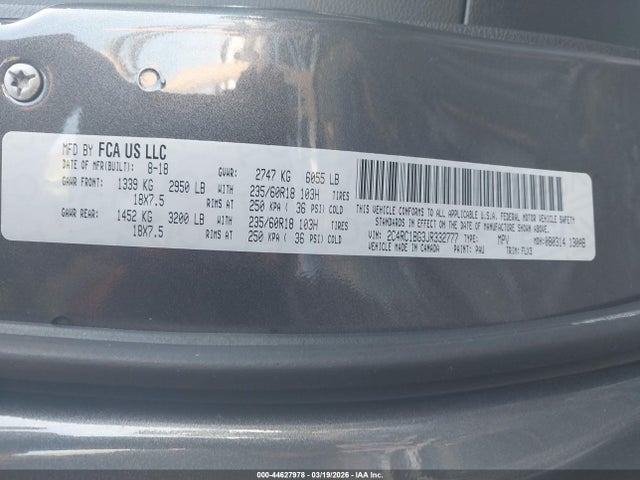 2018 Chrysler Pacifica Touring L მანქანა იყიდება აუქციონზე, vin: 2C4RC1BG3JR332777, აუქციონის ნომერი: 44627978