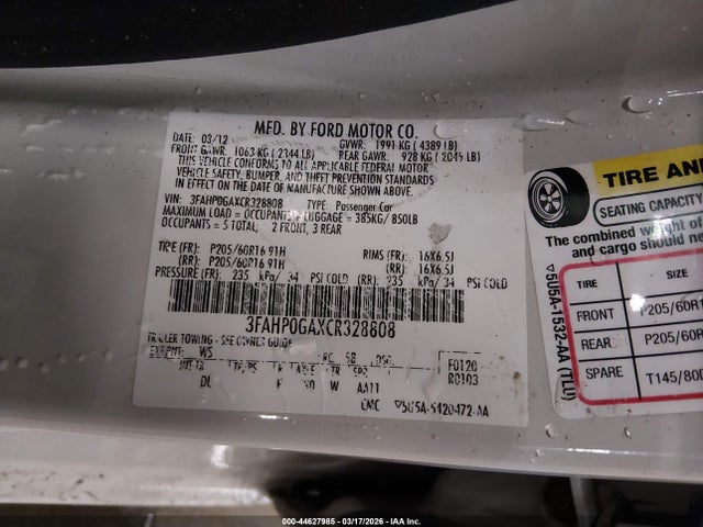 44627985 :رقم المزاد ، 3FAHP0GAXCR328808 vin ، 2012 Ford Fusion S مزاد بيع