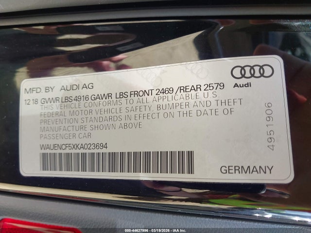 Продаж на аукціоні авто 2019 Audi A5 45 Premium, vin: WAUENCF5XKA023694, номер лоту: 44627996