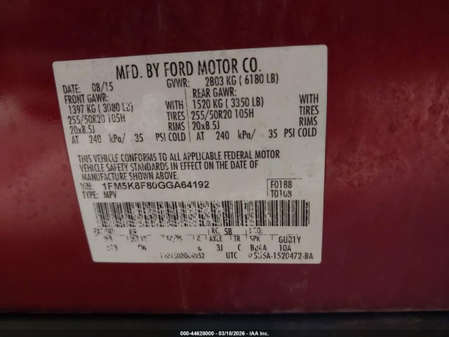 Ford Explorer Limited 2016 1FM5K8F80GGA64192 Image 9