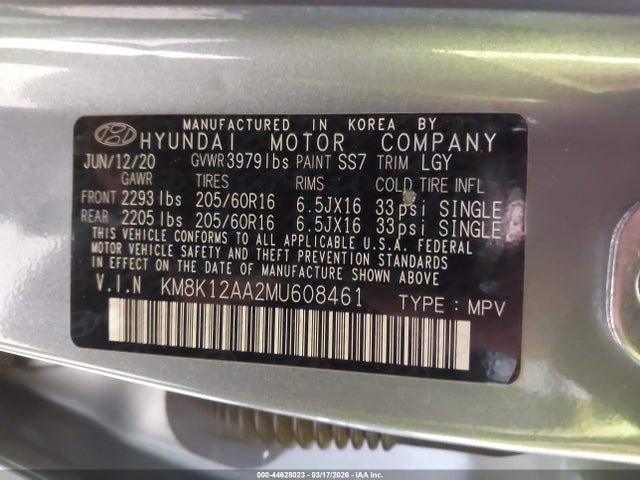 44628023 :رقم المزاد ، KM8K12AA2MU608461 vin ، 2021 Hyundai Kona Se مزاد بيع