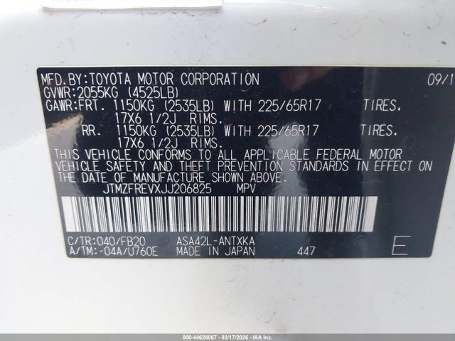 Продаж на аукціоні авто 2018 Toyota Rav4 Le, vin: JTMZFREVXJJ206825, номер лоту: 44628067