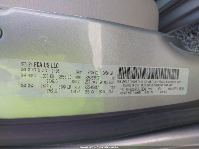 Aukcja sprzedaży 2020 Dodge Grand Caravan Sxt, vin: 2C4RDGCG7LR153546, numer aukcji: 44628071