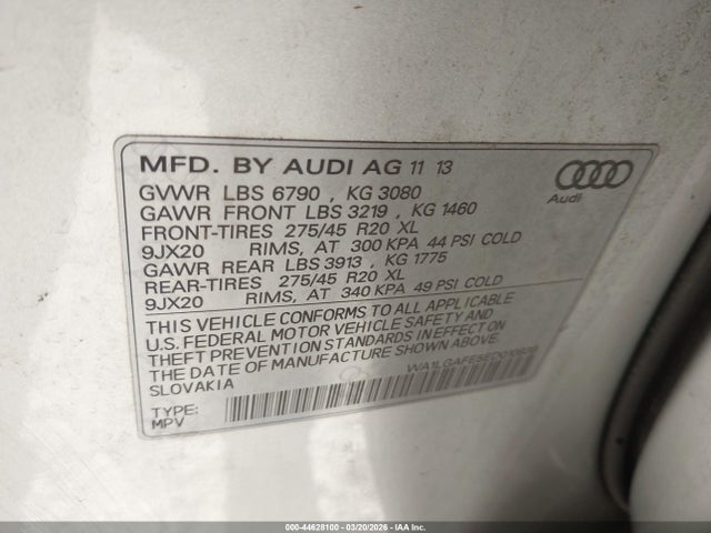 44628100 :رقم المزاد ، WA1LGAFE5ED010938 vin ، 2014 Audi Q7 3.0t Premium مزاد بيع
