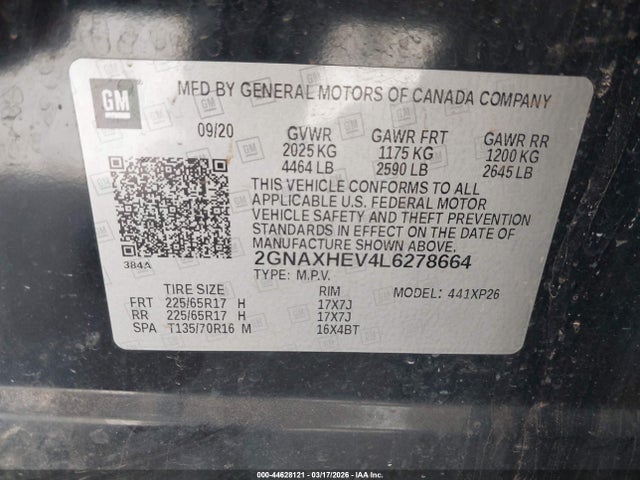 Aukcja sprzedaży 2020 Chevrolet Equinox Fwd Ls, vin: 2GNAXHEV4L6278664, numer aukcji: 44628121