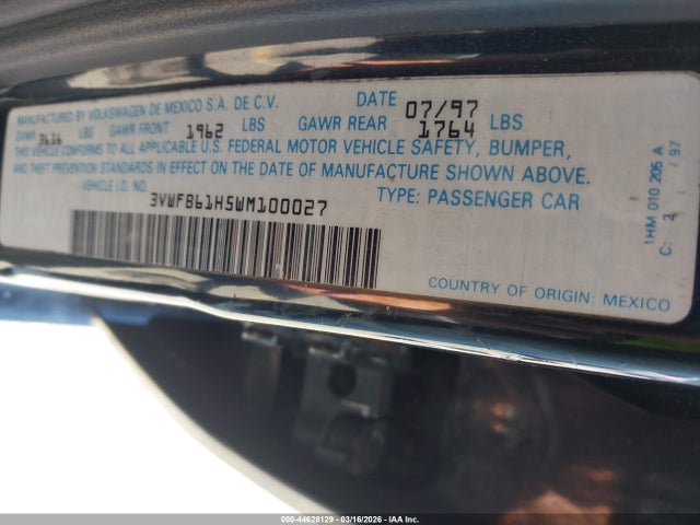 44628129 :رقم المزاد ، 3VWFB61H5WM100027 vin ، 1998 Volkswagen Golf Gl مزاد بيع