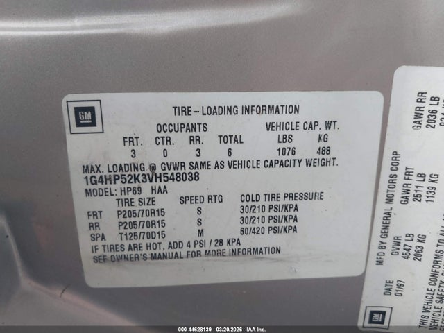 1997 Buick Lesabre Custom მანქანა იყიდება აუქციონზე, vin: 1G4HP52K3VH548038, აუქციონის ნომერი: 44628139