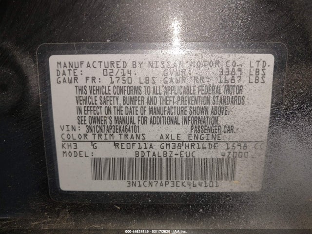 3N1CN7AP3EK464101 Nissan Versa 1.6 S/1.6 S+/1.6 Sl/1.6 Sv